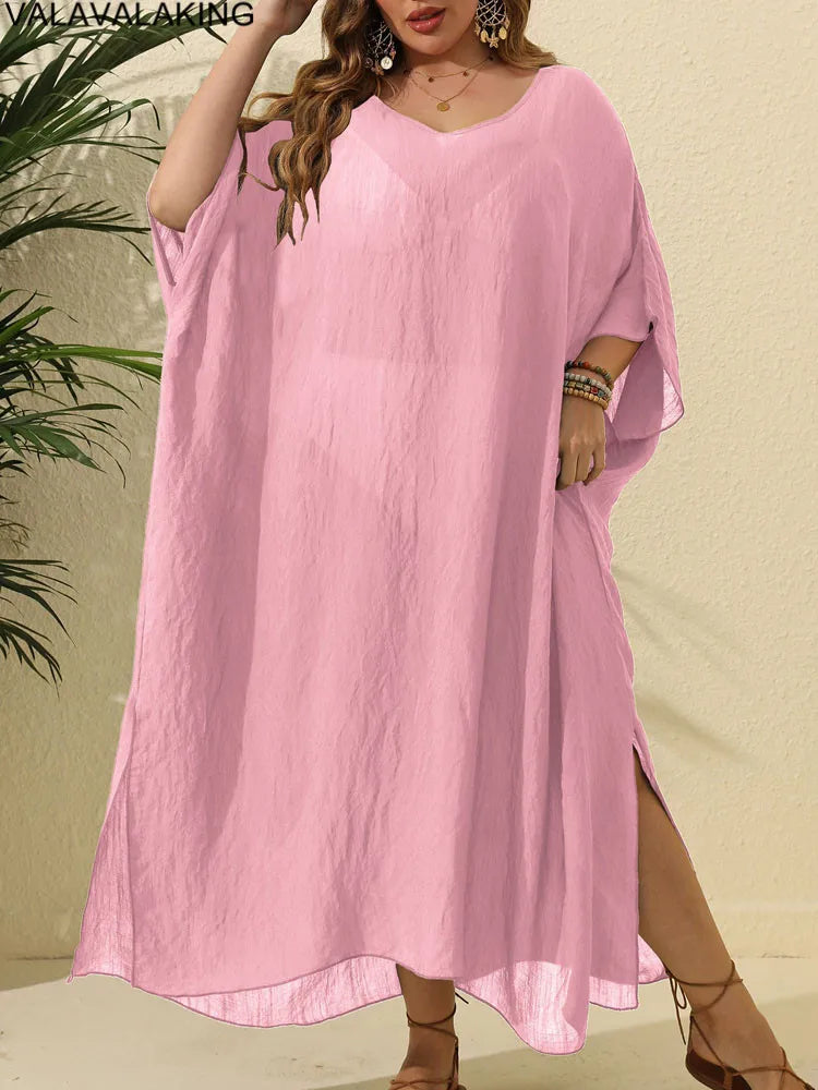 2025 Women Short Sleeve Plus Size Cove Up Solid Large Big Tunic Lady Chubby Beach Long Dress Brazilian Curvy Swimsuit Cover-Ups
