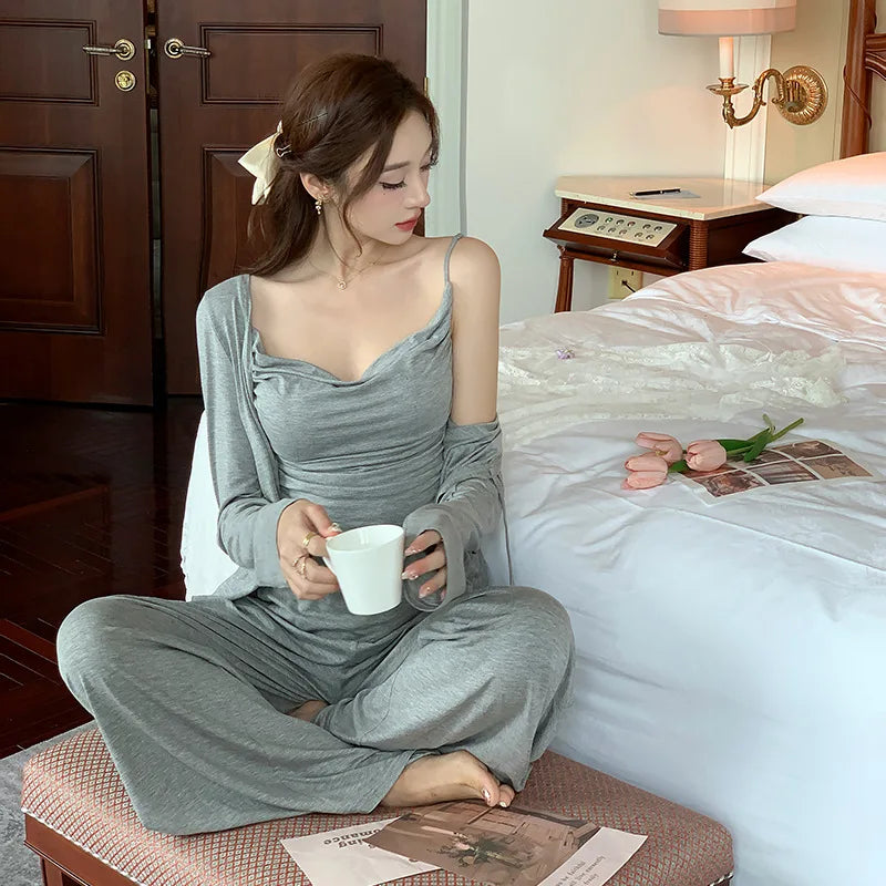 French Pajamas Women's 2024 Spring Autumn Sling Vest Sleepwear with Chest Pad Three-piece Set Loungewear Nightdress