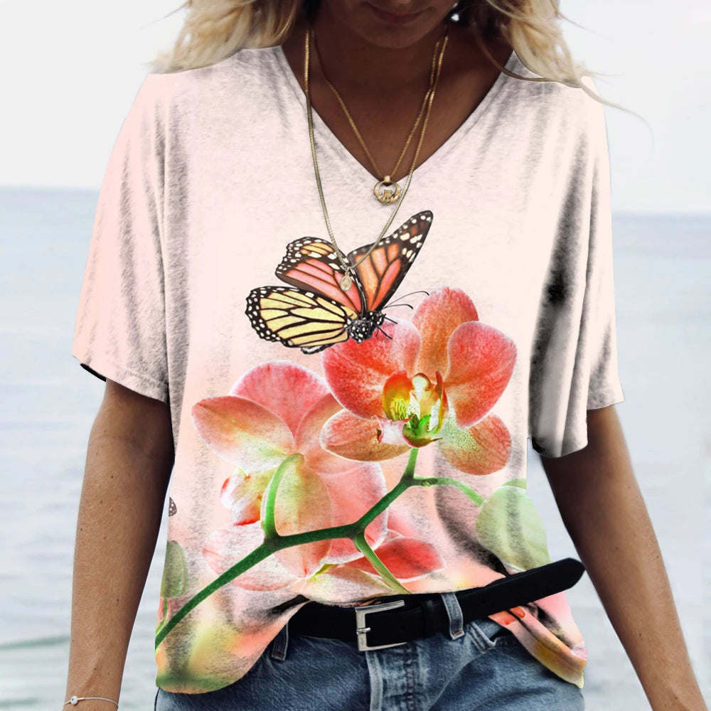 Butterfly Printed Women's T-Shirt clothes 3D V-Neck Cotton Fashion Short Sleeve Tops 2025 Casual Basic Girl's Clothing Harajuku Clothes