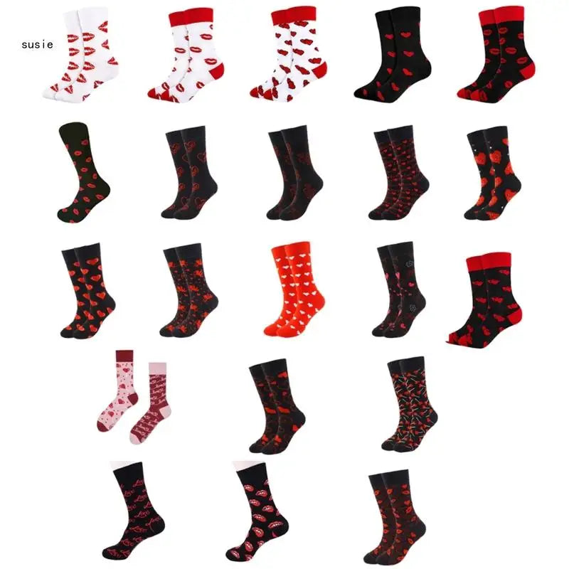 Cotton Middle Calf Socks for Him and Her Heart Lips Pattern for Valentines Day X7YA