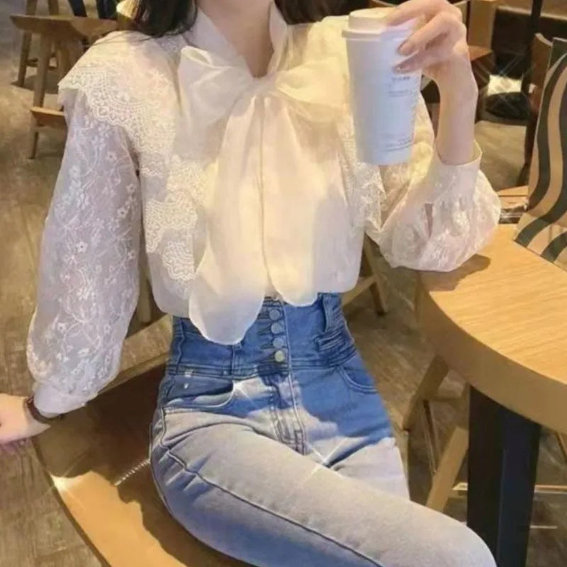 Blouses Women Scarf Collar Long Sleeve Elegant Chiffon Tops Bow Lace Fairy