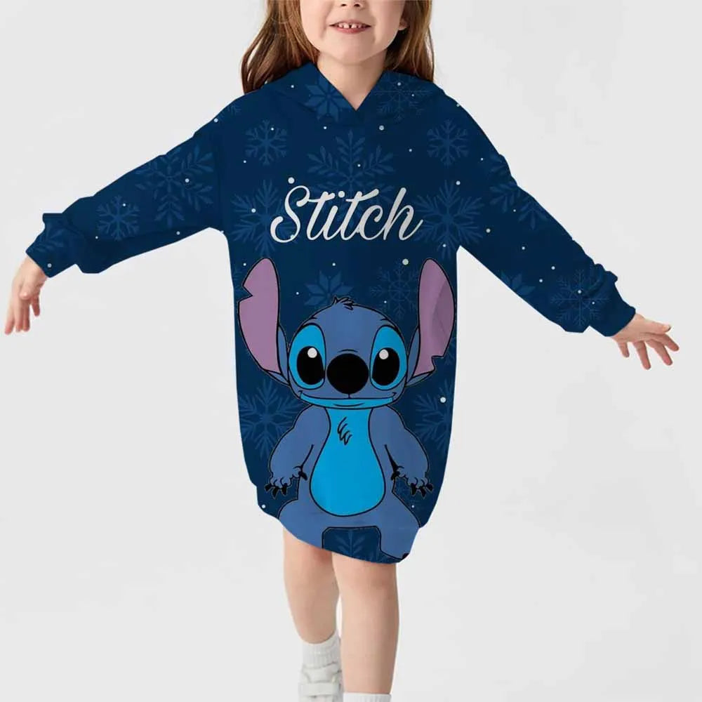2024 neuer Disney-Stichmuster-Kapuzenrock für Herbst und Winter für Mädchen, süßes, bequemes Langarm-Kapuzenpulloverkleid 