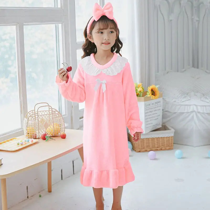 Autumn Winter Girls Flannel Nightdress Children Long-sleeve Nightdress Round Neck Bowknot Decoration Princess Style Pajamas