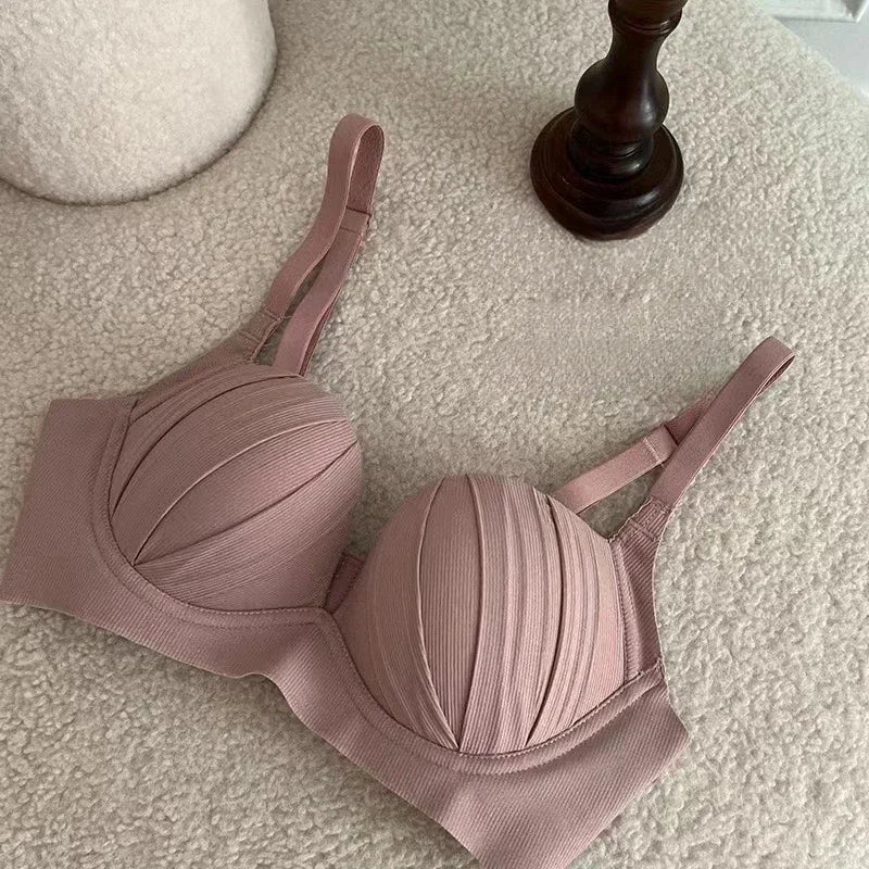 2024 New Pleated Bras Push Up Bra Small Chest No Steel Ring Wirelss Soft Bra Solid Color Sweet Seamless Bra