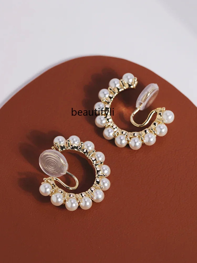 L11 yj Elegant Pearl C- Shaped Ear Clip Gentle High-Grade Silver Needle Ear Studs without Pierced Female Circle Earrings