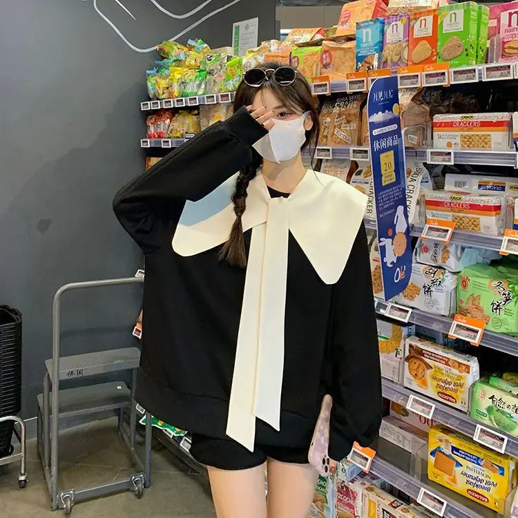 Bow Doll Collar Sweatshirt for Women New Style Loose Sweet Hoodless Petite Fashionable Age-reducing Top clothes