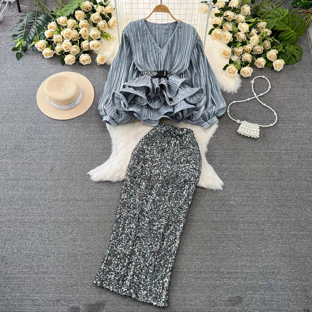 Fashion Blouse Skirts Set Women's Lantern Long Sleeve V-neck Ruffles Shirt High Waist Sequin Half Skirt for Party 2025 New