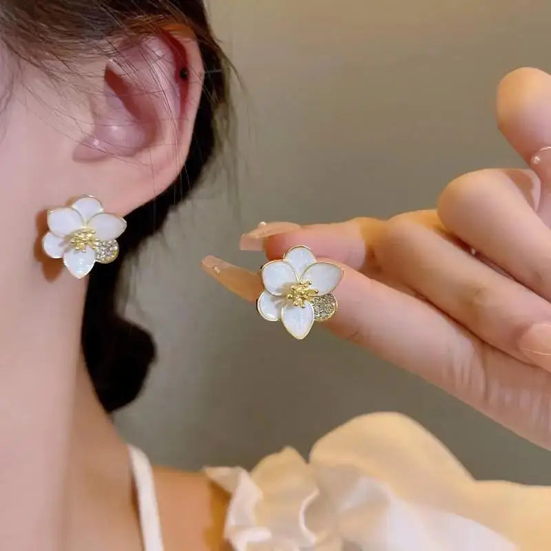 925 Silver Needle Korean Vintage Oil Painting Pearl Flower Earrings For Women Jewelry 2024 Trending New Luxury Women's Earrings