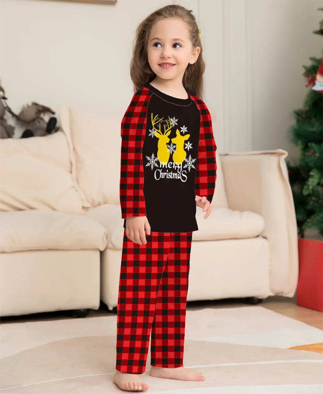 2024 Christmas Family outfit Gold fawn print Christmas family outfit crew-neck plaid Spring/ autumn pajamas set Halloween home