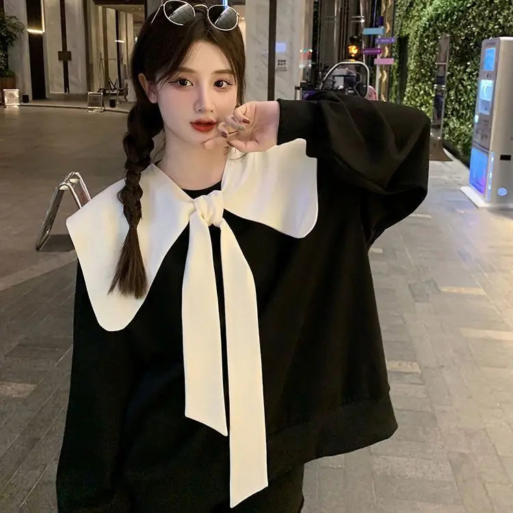 Bow Doll Collar Sweatshirt for Women New Style Loose Sweet Hoodless Petite Fashionable Age-reducing Top clothes