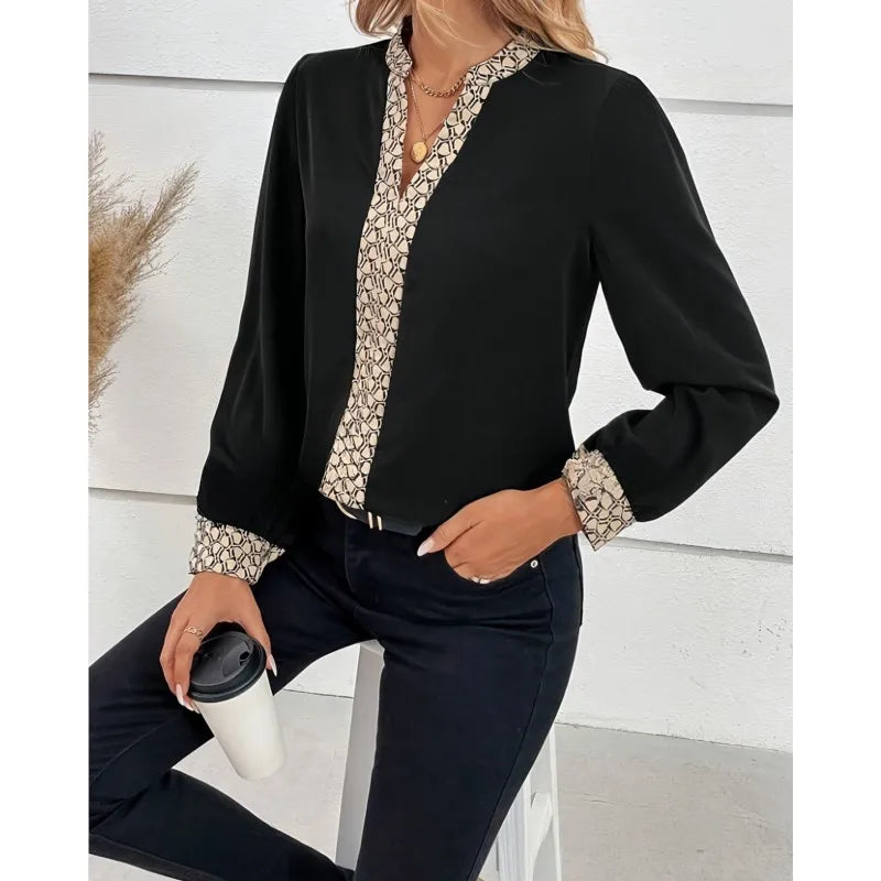 2025 New Chic Women Blouse Fashion Print Long Sleeve Tops V Neck Pulover Elegant Women's Clothing Office Clothes For Ladies Hot