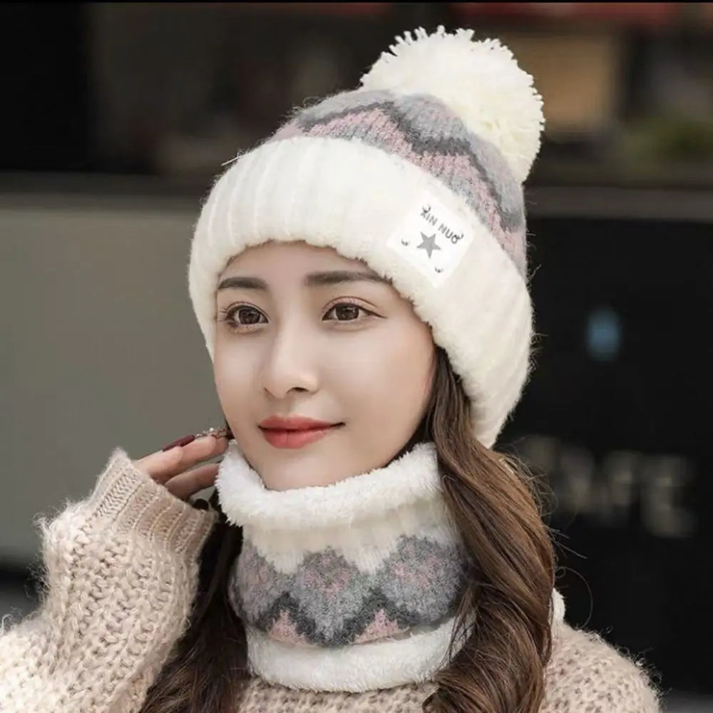 Cycling Plus Velvet Beanies Hat Ear Protection Windproof Hat Scarf Set Thick Warm Knit Skull Cap Women