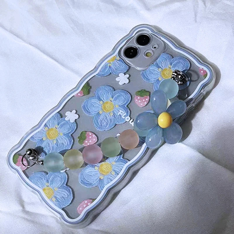 Art wavy blue flower Strawberry cute silicone soft back case for iphone 14 x xr 7 8 plus 13 15 promax 11 12 mini xsmax phone box