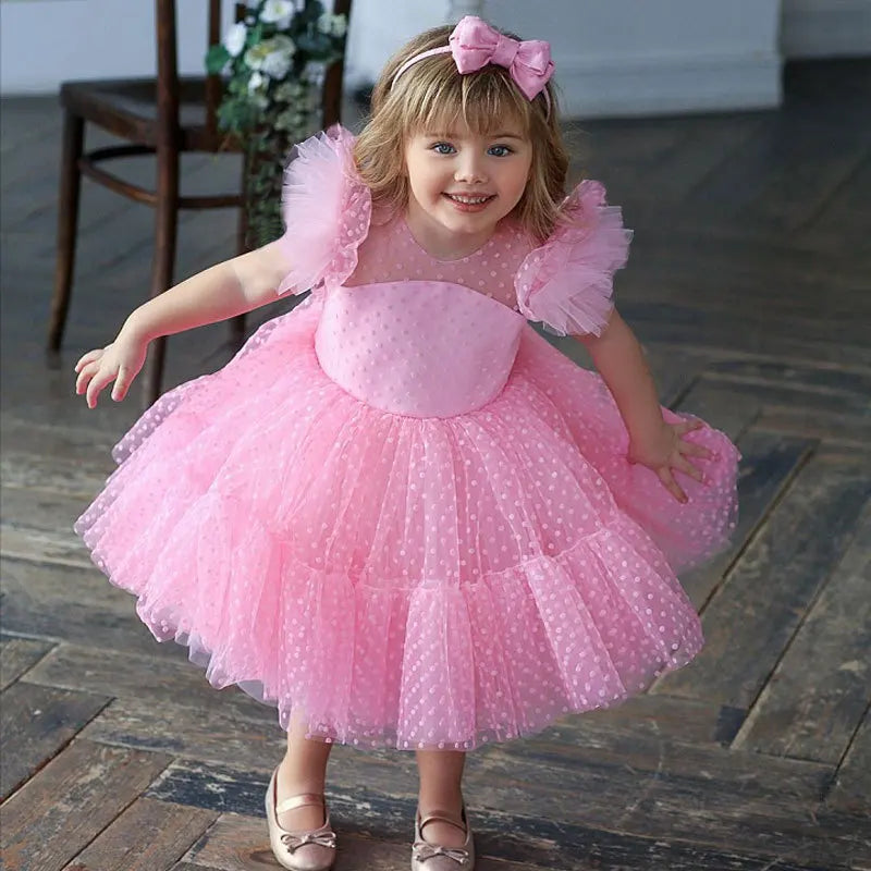 Summer Dress for Kid Girl Polka Dots Pink Mesh Dresses Flower Girls Wedding Tutu Fluffy Vestidos Princess Birthday Party Gown