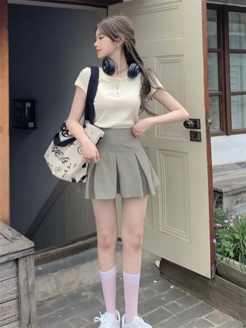 Summer Sweet Salt Wear Petite Imperial Sister Ageing Casual Fashion College Style Top Half-body Skirt Two-piece Suit clothes