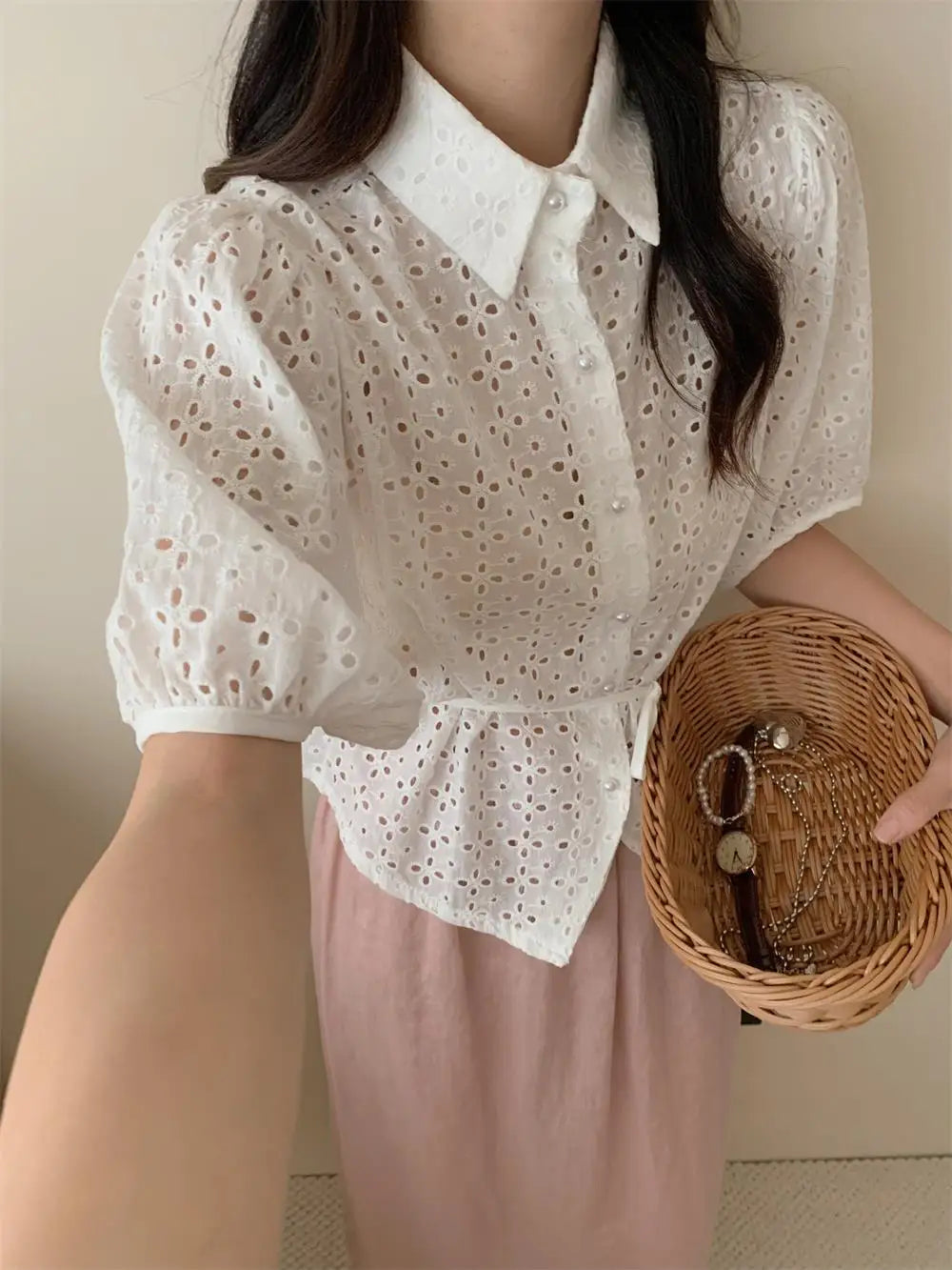 Korejpaa Korean Fashion Woman Shirt Vintage Clothes 2025 Spring Turn-down Collar Hollow Out Embroidery Jacquard White Shirts