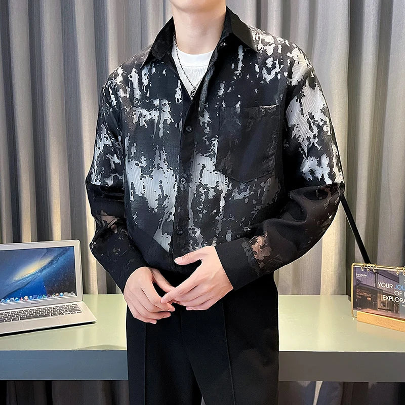 Loose Long-sleeved Shirt, Men's Single-breasted Square Collar Shirts Fashion Casual Blouse  - mon