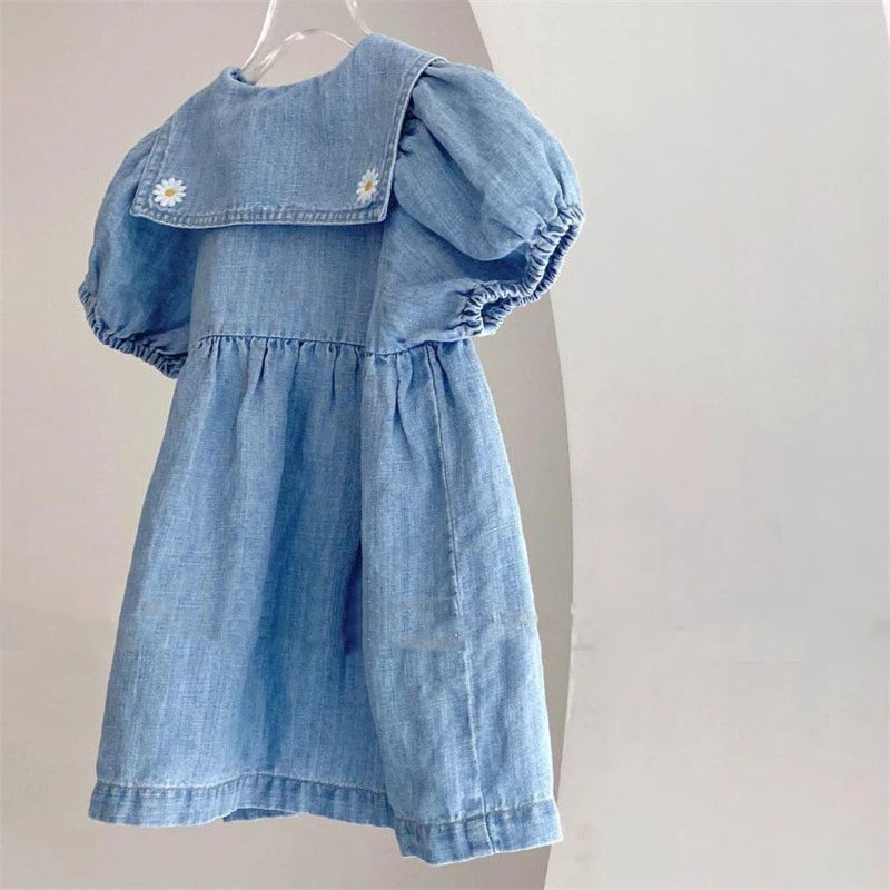 New Summer Girls' Baby Dress Campus Style Flower Embroidery Lapel Bubble Short Sleeve Denim Dress Student Clothes Children Dress