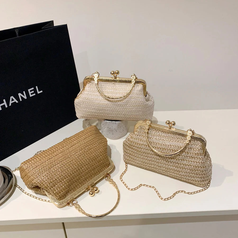 Summer Beach Straw Bags Exquisite Gold Chains Party Banquet Purse Hand Woven Handbag Female Clutch Purses Shoulder Crossbody Bag