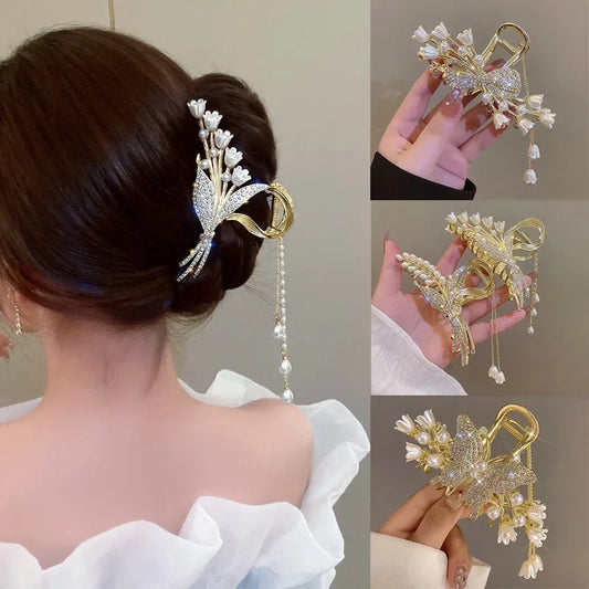 Pearl Flower Tassel Hair Claw for Women Cute Sweet Hair Clip Girls Fashion Elegance Headdress Korean Exquisite Hair Accessoires