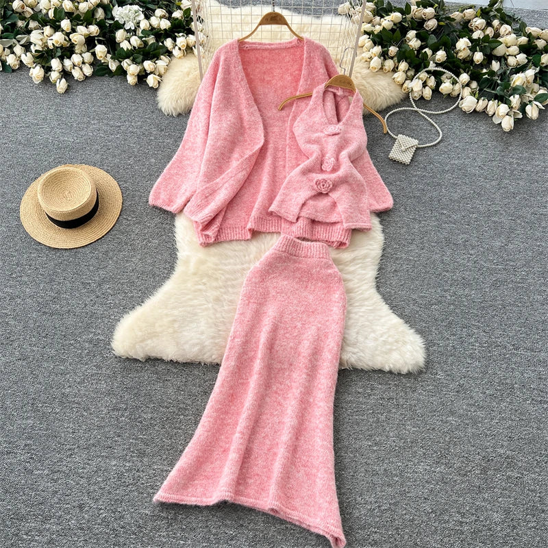 Damen Rosa 3-teiliges Set Vintage Langarmpullover A-Linie Lange Röcke Vintage Y2k Rock Sets Outfits Elegante 2000er Jahre Kleidung 2024 