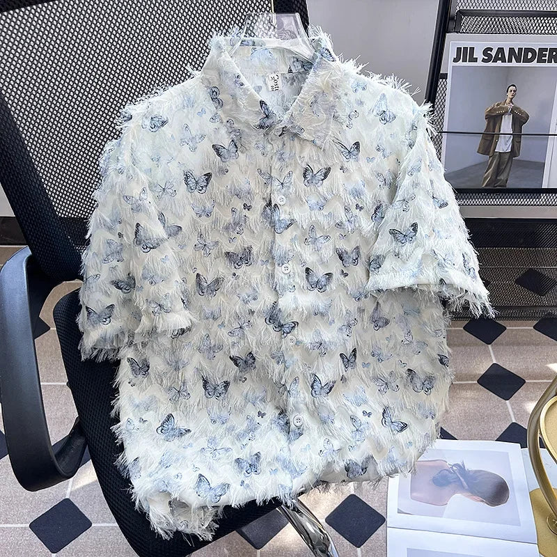 Trendy American Style Butterfly Print Short Sleeve Men's Shirt New Loose Fit Sensible Versatile Couple Casual Shirt mon