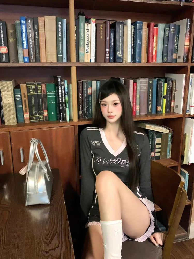 Vintage Suits Women Casual Y2k Long Sleeve T-shirts + Short Pants 2 Piece Sets Outwear Retro Chic