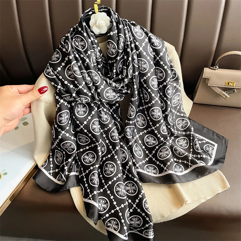 New 2025 180*88cm classic Silk Scarf Women Foulard Office lady Large Fashion Print Beach Hijab Shawl Warp Bandanna Muffler