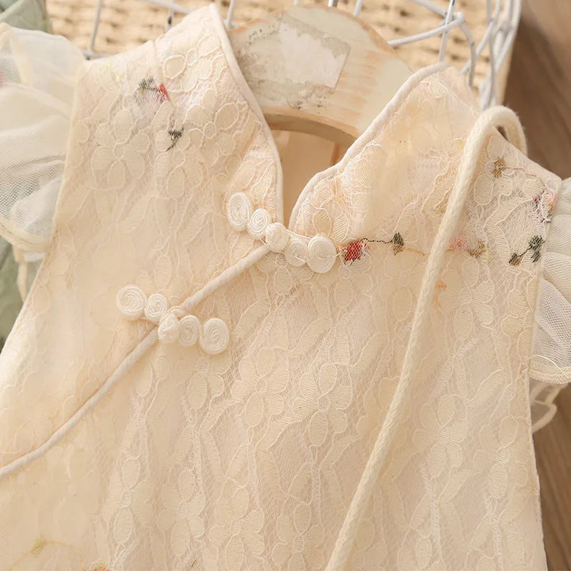 Summer 3 4 5 6 7 8 9 10 11 12 Years Fly Sleeve Lace Cheongsam Dresses With Bag For Kids Girls