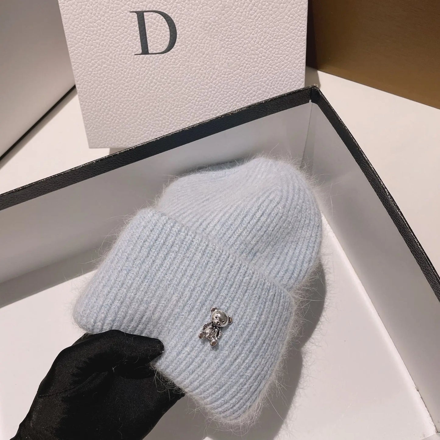 Luxury Cut Bear Real Rabbit Fur Knitted Hats for Women Winter Warm Hat Casual Lady Beanie Walking Bonnet Wool Skullies Caps