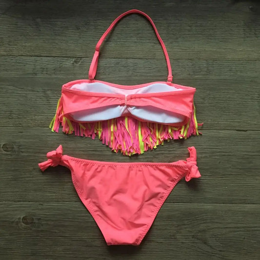Solid Tassel Girls Bikinis 2023 Kids Swimwear Swimsuit Summer Beach Children Bandage Biquinis 5-12 Years Teens Baby Bathing Suit