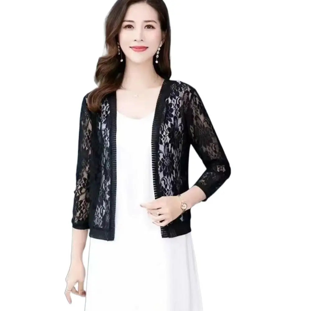Summer Tie Up Women's Cardigan Breathable Beach Air-Conditioning Shirt Floral Lace Sun Protection Clothing Women