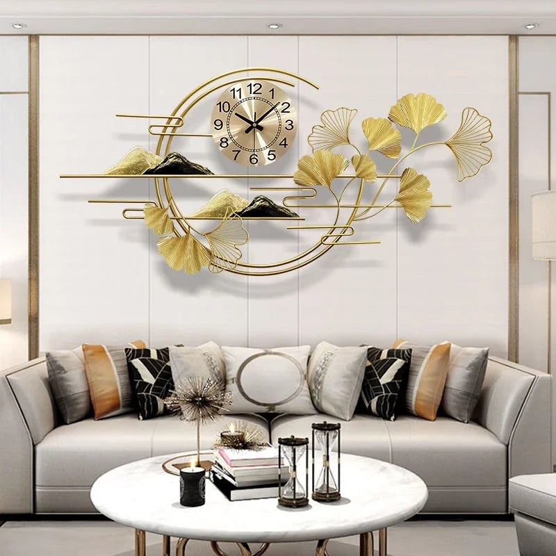 Living room decoration clock wall modern light luxury dining table sofa background mural