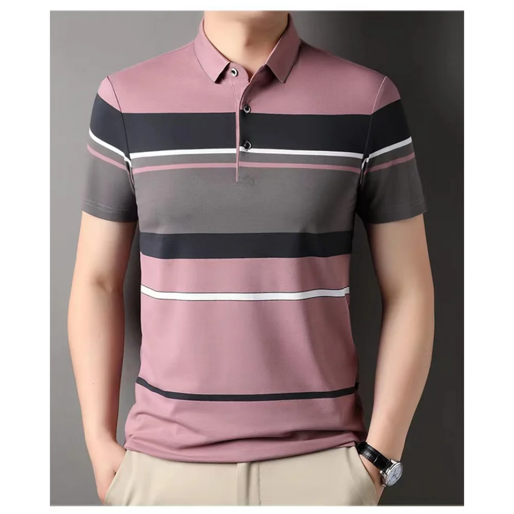 Men's Polo Shirts Korea Man Golf Shirts Summer Striped Print Button Clothing Business Style Male Streetwear Short Sleeve T-Shirt