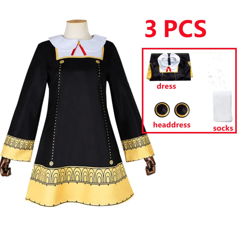 Anime SPY FAMILY Anya Forger Cosplay Kostüm Kleinkind Kinder Anya Cospla Kawaii Schwarzes Kleid Party Kleidung Perücke Halloween Frauen Mädchen 