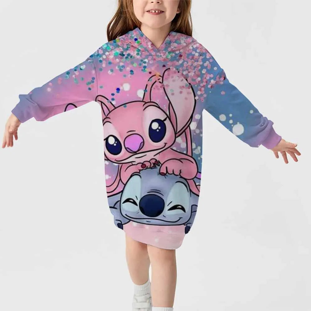 2024 neuer Disney-Stichmuster-Kapuzenrock für Herbst und Winter für Mädchen, süßes, bequemes Langarm-Kapuzenpulloverkleid 