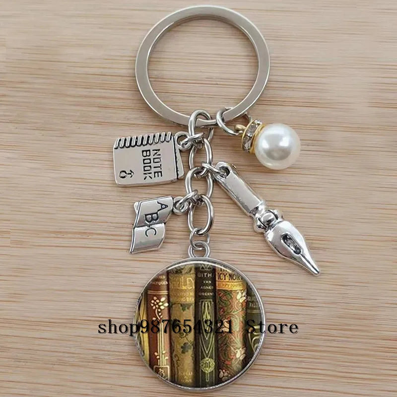 Classic Library Books Keychain Vintage Old Books Key Chain Librarians Key Ring Gift for Nerd Bookworm Writer Teacher