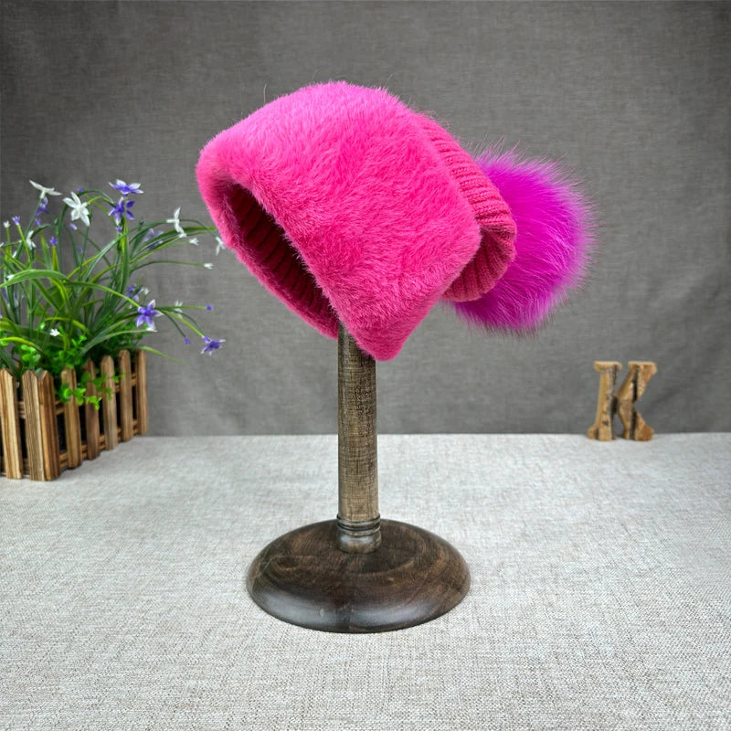 2024 new women's thickened Korean version fox fur ball knitted hat women's autumn and winter rabbit fur plush woolen hat trend