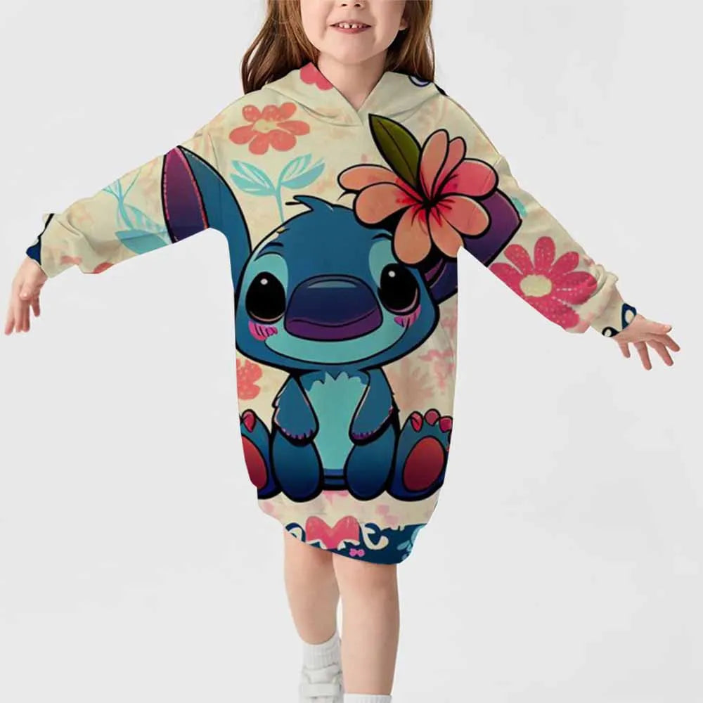 2024 neuer Disney-Stichmuster-Kapuzenrock für Herbst und Winter für Mädchen, süßes, bequemes Langarm-Kapuzenpulloverkleid 