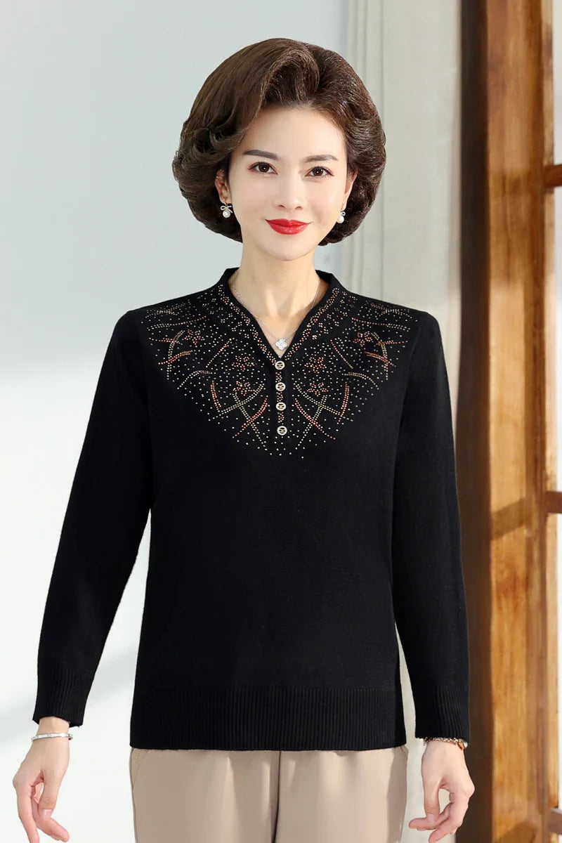 Middle-aged Women's Autumn Sweaters Pullovers V-neck JUmper Hot diamond Knitting Sweater Mother Dress Tops