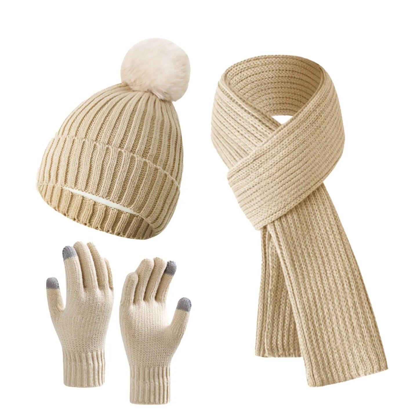 2024 Winter Warm Hats for Women and Man Knitted Wool Piled Thickened Gloves Hat Scarves Three-piece Beanie Practical Scarf