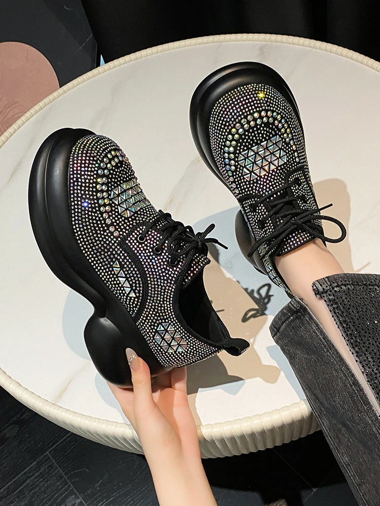 Womens Sneakers Shoes Tennis Female Platform Rhinestone Roses 2023 Trainers Sparkles Casual Fashion Thick Sole PU Crystal Leisur