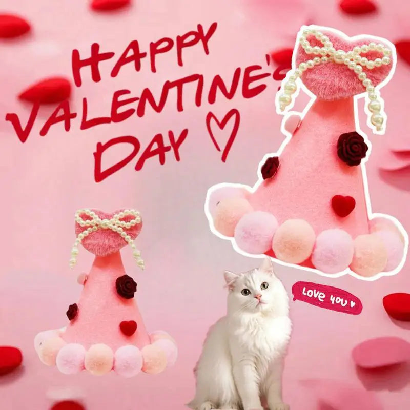 Valentine's Day Pet Love Hat Plush Balls Pink Heart Pet Valentines Day Hat Photo Props Pet Dress-Up Clothing Holiday Costume