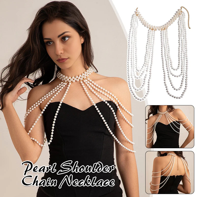Boho Tassel Imitation Pearl Bridal Shoulder Chain Necklace for Women Elegant Shawl Jewelry Accessories Bridal Tassel Body Chain