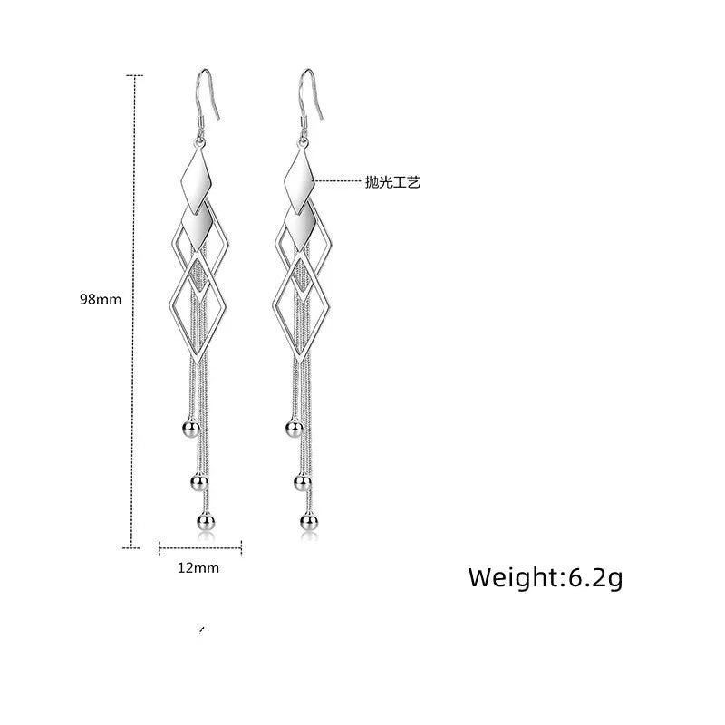 Fashion 925 Sterling Silver Long Earrings Diamond-Shaped Geometric Earrings For Women'S Wedding Charm Jewelry Gifts