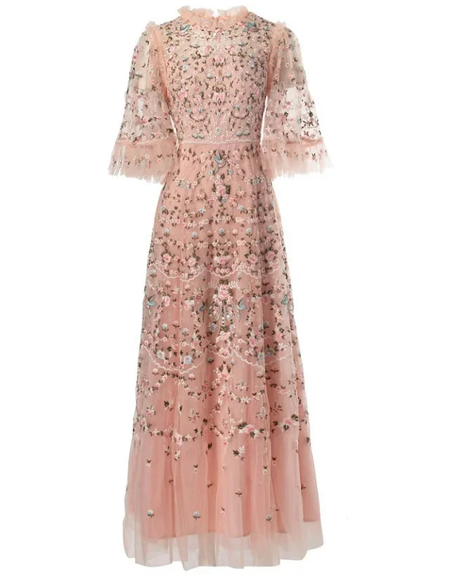 4xl 3xl 2xl Long Evening Dress Women Allover Luxurious Embroidery Flare Sleeve Long Black Grey Apricot Maxi Dress