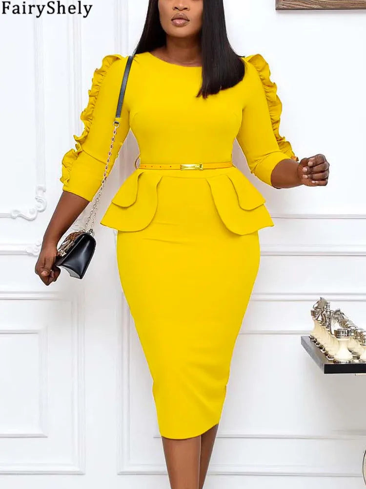FairyShely 2025 Solid Ruffle Long Sleeve Plus Size Dress Women O Neck Large Big Dresses Lady Autumn Belt Party Tight Curvy Dress
