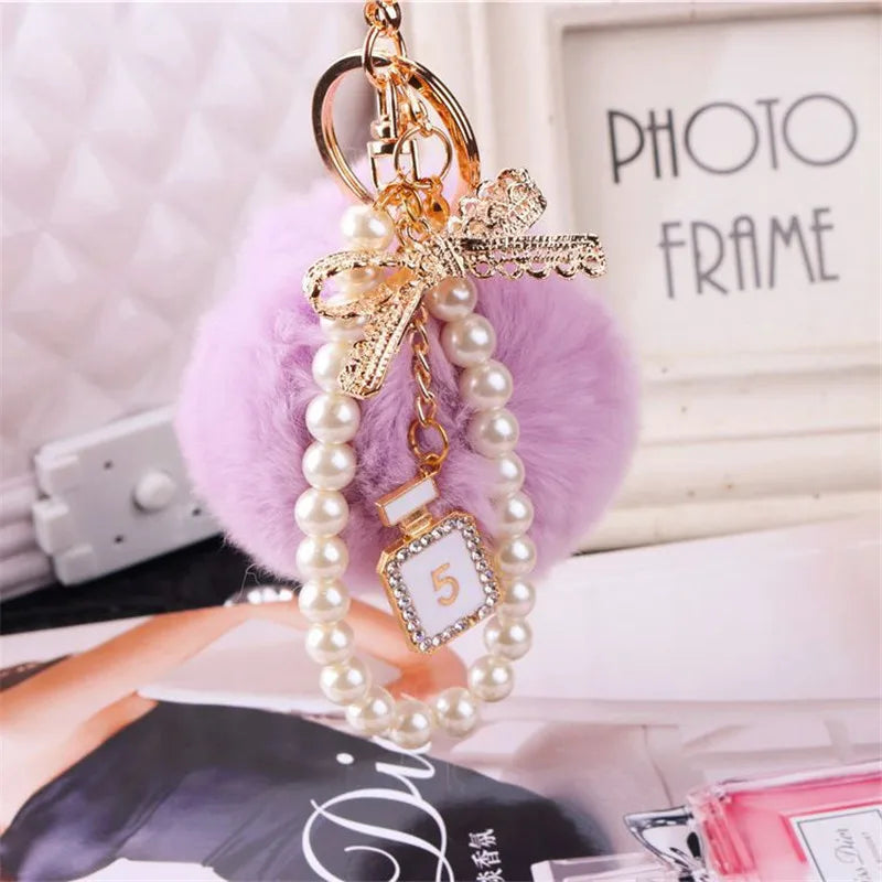 Car Women handBag Key Chain Fashion Pearl Chain Crystal Bottle Bow Pompom Keychain Fluffy Puff Ball Keychains Jewelry