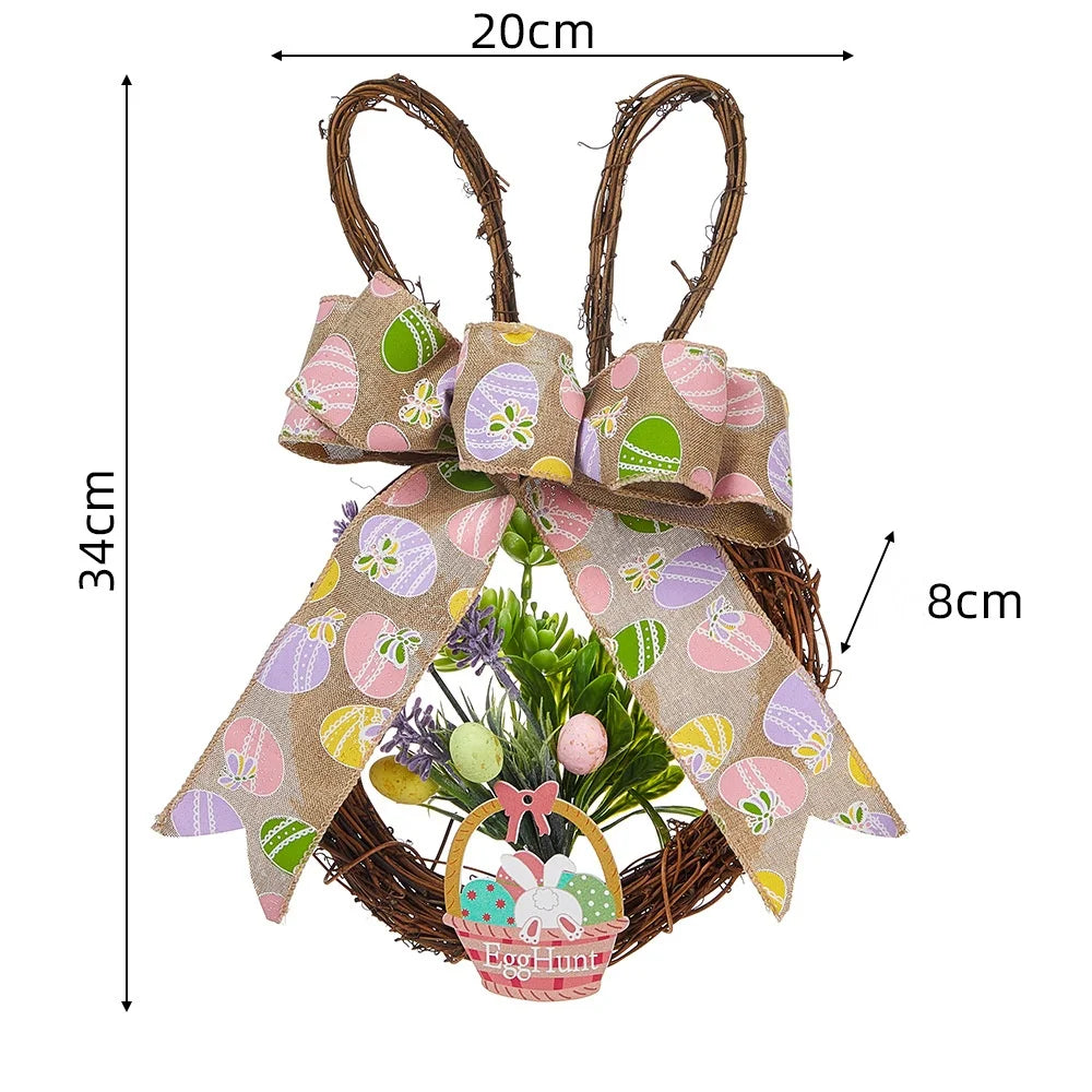 Easter Wreath Cartoon Rabbit Shape Outdoor Home Door Hanging Decoration Hand-Woven Simulated Wreath Ribbon Bow Decoration
