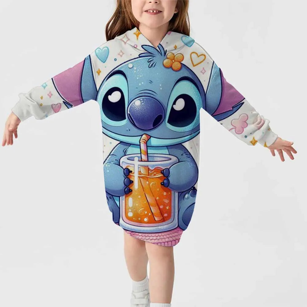 2024 neuer Disney-Stichmuster-Kapuzenrock für Herbst und Winter für Mädchen, süßes, bequemes Langarm-Kapuzenpulloverkleid 